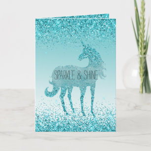 Girly Glitz Aqua Turquoise Glitter Unicorn Card