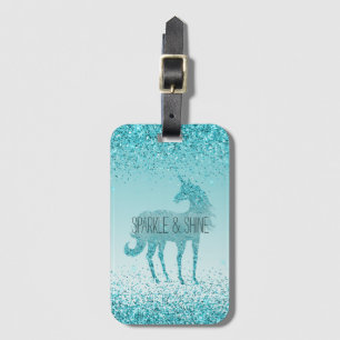 Girly Glitz Aqua Turquoise Glitter Unicorn Luggage Tag