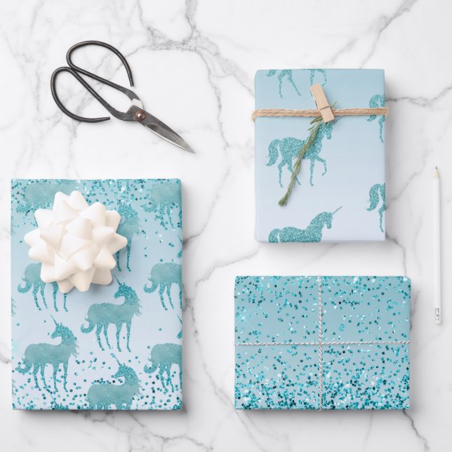 Girly Glitz Aqua Turquoise Glitter Unicorn Ombre  Wrapping Paper Sheet (Front)