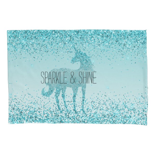 Girly Glitz Aqua Turquoise Glitter Unicorn Pillowcase (Front)