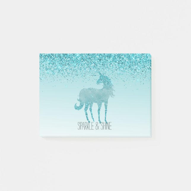 Girly Glitz Aqua Turquoise Glitter Unicorn Post-it Notes (Front)