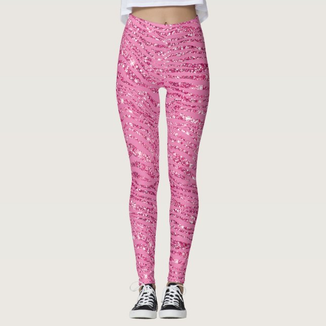 Girly Glitzy Pink Glitter Zebra Leggings (Front)
