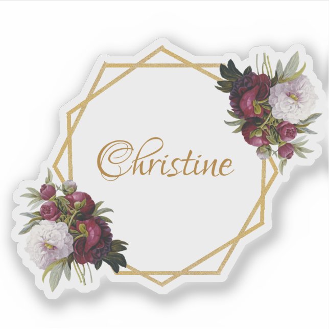 Girly Gold Burgundy Peonies Name Floral Geometric (Front)