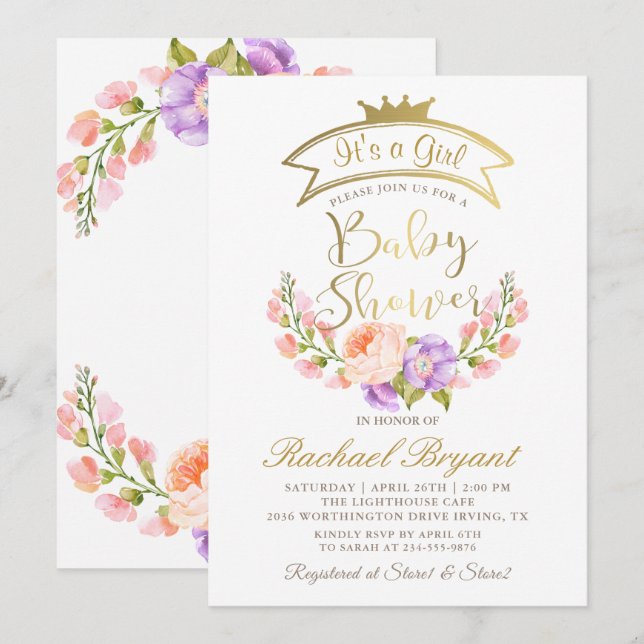 Girly Gold Crown Elegant Pink Floral Baby Shower Invitation (Front/Back)