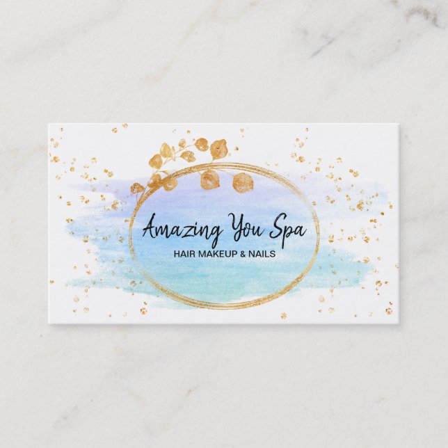 *~* Girly Gold Floral Frame Rainbow Watercolor Business Card (Front)