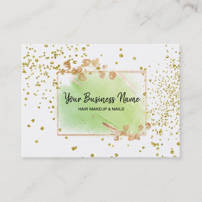 *~* Girly Gold Floral Frame White Lime Green Business Card (Front)