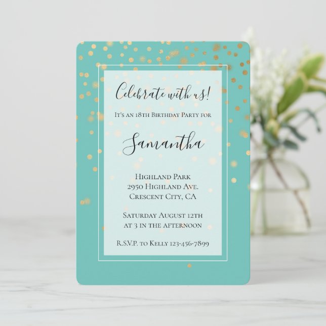 Girly Gold Glam Confetti Dots Mint Birthday Invitation (Standing Front)