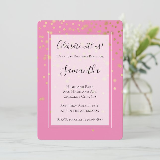 Girly Gold Glam Confetti Dots Pink Birthday Invitation (Standing Front)