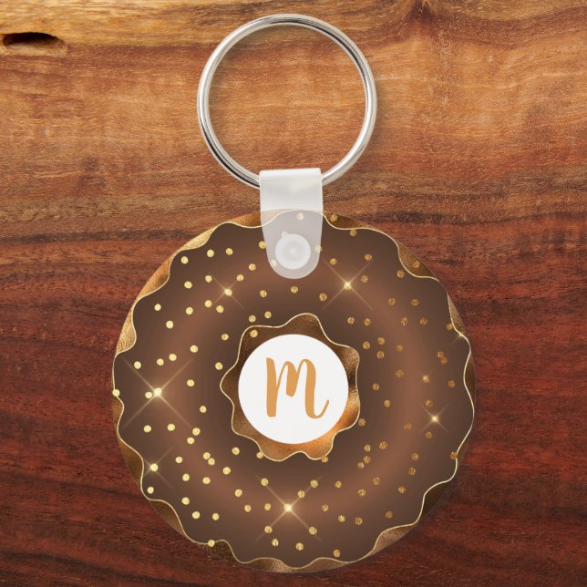 Girly gold glitter chocolate doughnut monogram key ring (Front)