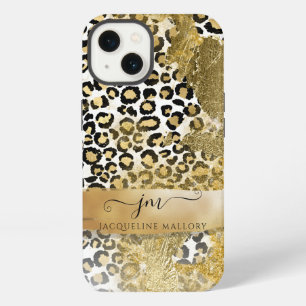 Girly Gold Glitter Leopard Print Pattern Monogram iPhone 13 Case