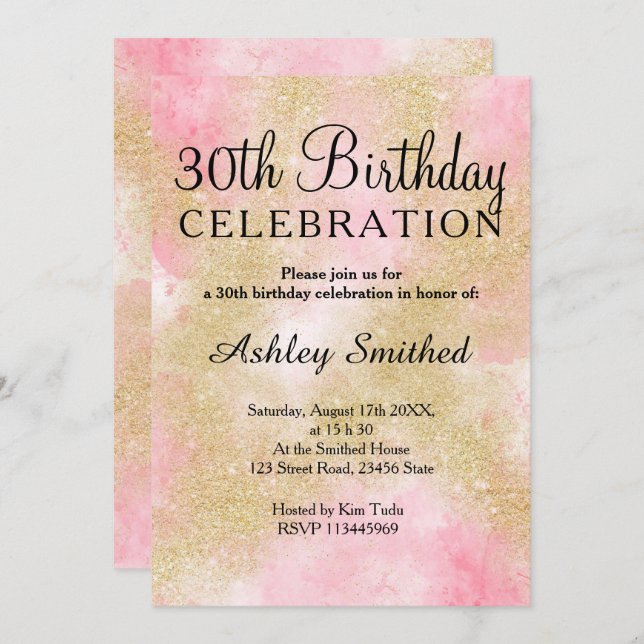 Girly gold glitter pink watercolor 30th birthday invitation (Front/Back)