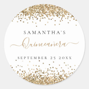 Girly Gold Glitter Quinceañera Name Date Classic Round Sticker