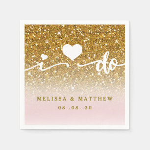 Girly Gold Glitter Sparkle Pink I Do Names Wedding Napkin