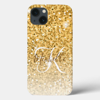 Girly Gold Glitter Sparkles Monogram Script Name iPhone 13 Case