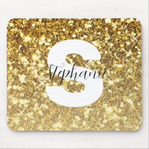Girly Gold Glitter Sparkles Monogram Script Name Mouse Pad