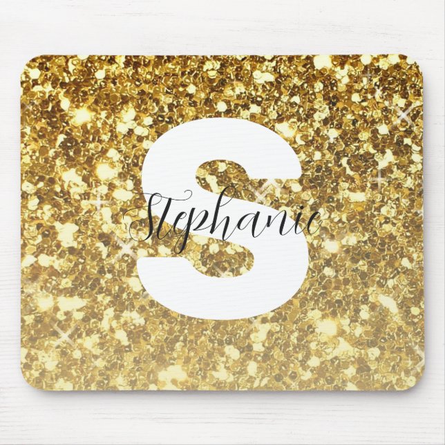 Girly Gold Glitter Sparkles Monogram Script Name Mouse Pad (Front)