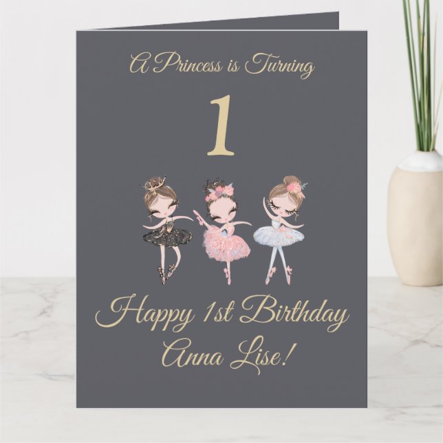 Girly Gold Grey Ballerina Princess 1st Birthday Card (Front)