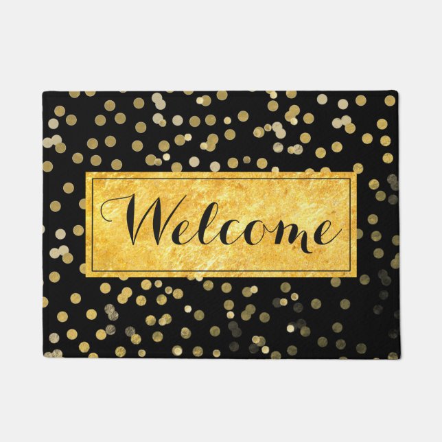 girly gold leaf dots on black welcome doormat (Front)
