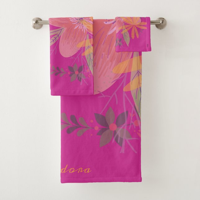 Girly Gold Leaf Fuchsia Flower Bath Towel Set (Insitu)