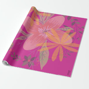 Girly Gold Leaf Fuchsia Flower Wrapping Paper