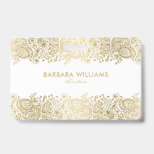 Girly Gold On White Floral Paisley Lace ID Badge