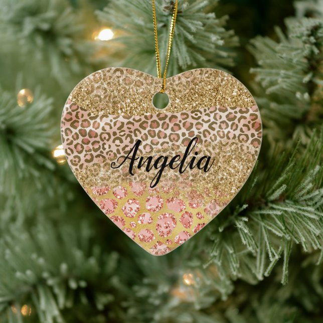 Girly Gold Peach Glitter Leopard Print Ceramic Tree Decoration (Tree)