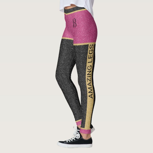 Girly Gold Pink Black Glitter Customisable Initial Leggings (Left)