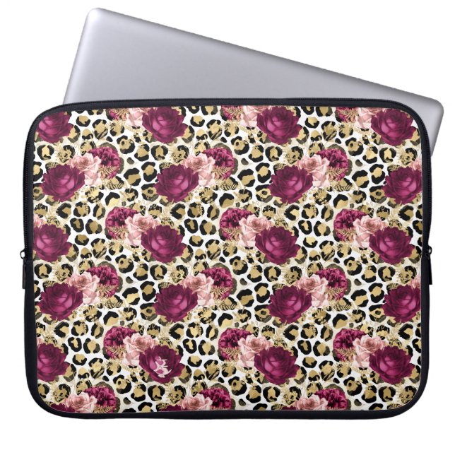 Girly Gold Pink Floral Leopard Print Laptop Sleeve (Front)