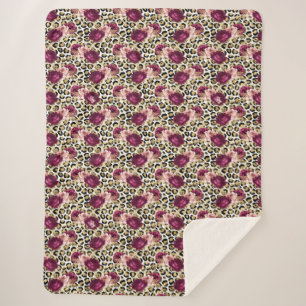 Girly Gold Pink Floral Leopard Print Sherpa Blanket