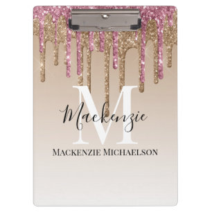 Girly Gold Pink Glitter Monogram Name Clipboard