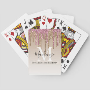 Girly Gold Pink Glitter Monogram Name  Playing Cards