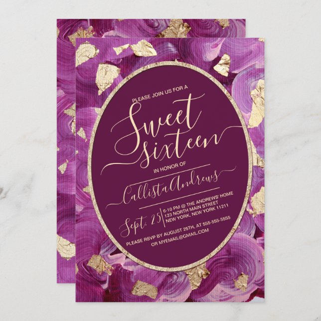 Girly Gold Plum Lilac Acrylic Brushstroke Sweet 16 Invitation (Front/Back)