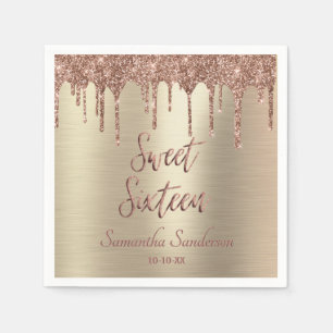 Girly Gold Rose Gold Glitter Drip Sweet 16 Napkin