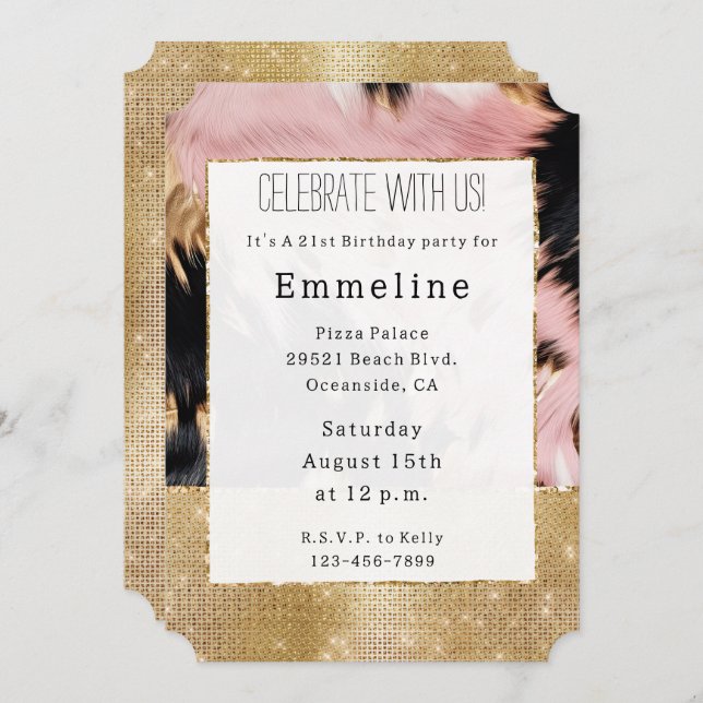 Girly Gold Sparkle Pink Black Cowhide  Invitation (Front/Back)