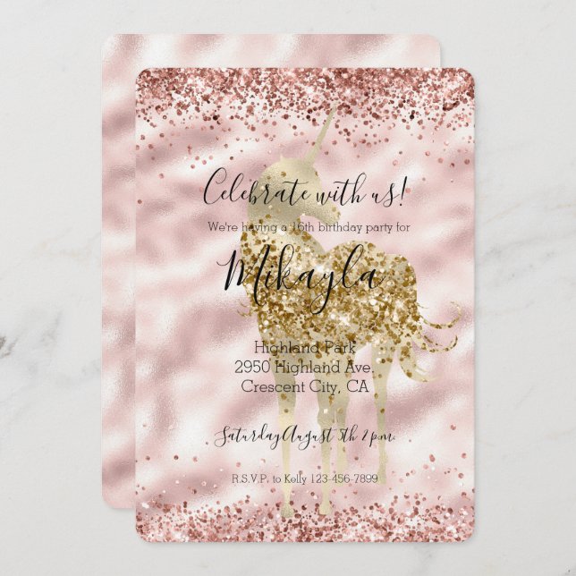 Girly Gold Unicorn Pink Glitter Sparkle Confetti Invitation (Front/Back)