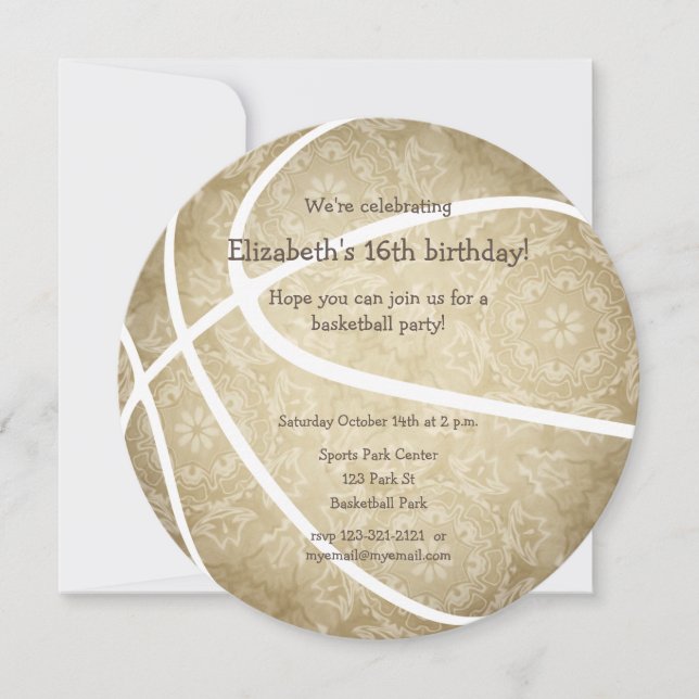 girly golden basketball sports birthday announcement (Front)
