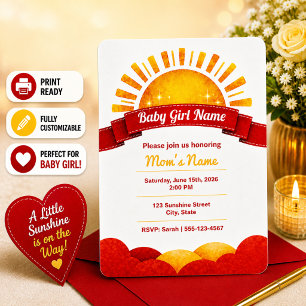 Girly Golden Sun Baby Girl Shower Name Reveal Invitation