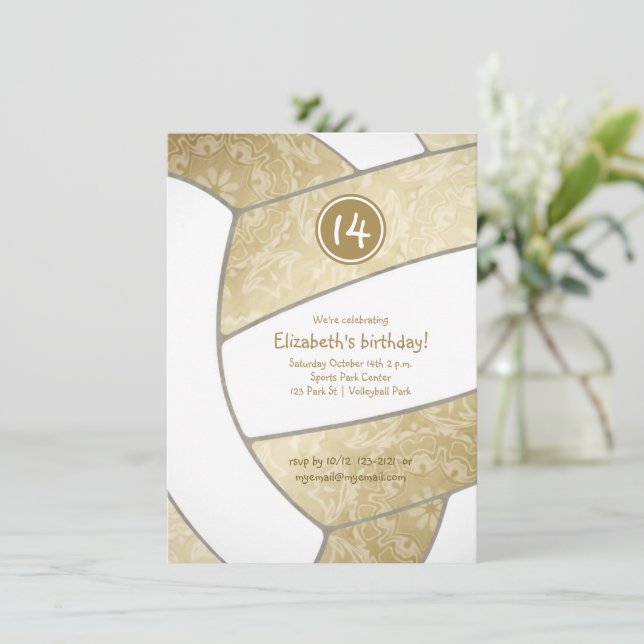 girly golden volleyball birthday party invitation (Standing Front)