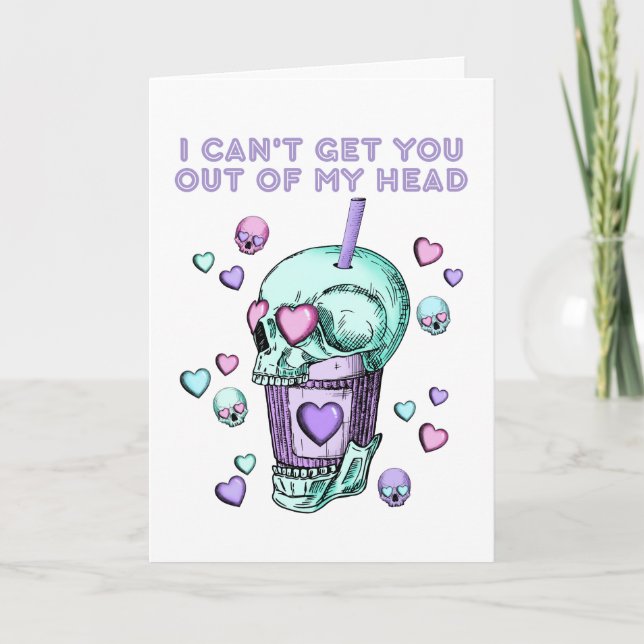 Girly Goth Valentines skull hearts boba cup straw Card (Front)
