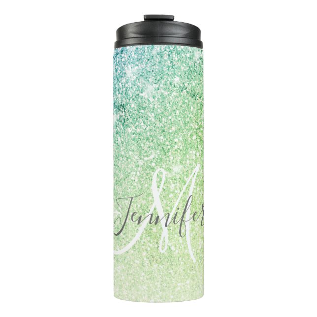 Girly Green Blue Glitter Blush Monogram Name Thermal Tumbler (Front)