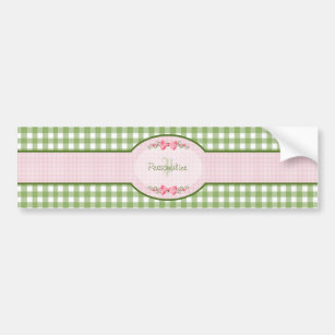 Girly Green Gingham Monogram With Name Bumper Sticker