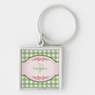Girly Green Gingham Monogram With Name Key Ring