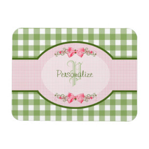 Girly Green Gingham Monogram With Name Magnet