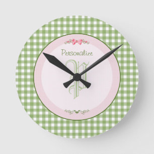 Girly Green Gingham Monogram With Name Round Clock