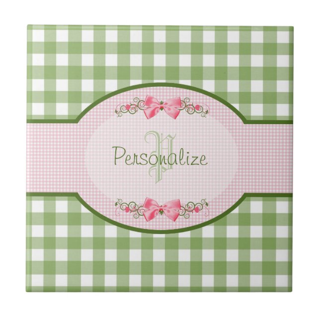 Girly Green Gingham Monogram With Name Tile (Front)