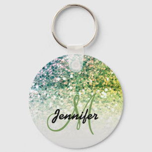 Girly Green Glitter Sparkles Monogram Name Key Ring
