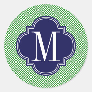 Girly Green & Navy Greek Key Pattern Custom Classic Round Sticker