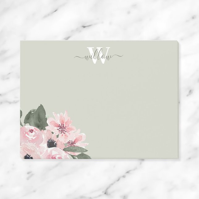 Girly Green Pink Monogram Floral Post-It Notes (Creator Uploaded)