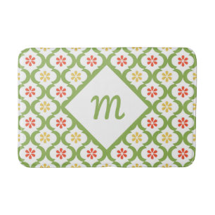 Girly Green Quatrefoil Cute Daisies and Monogram Bath Mat