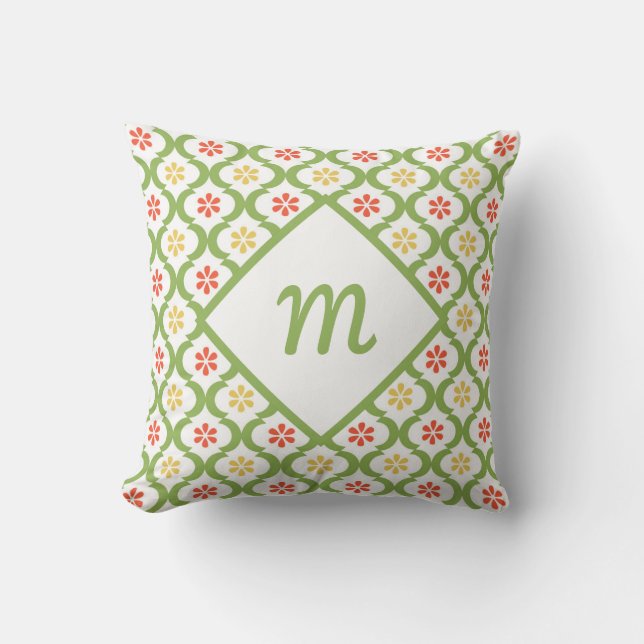 Girly Green Quatrefoil Cute Daisies and Monogram Cushion (Front)